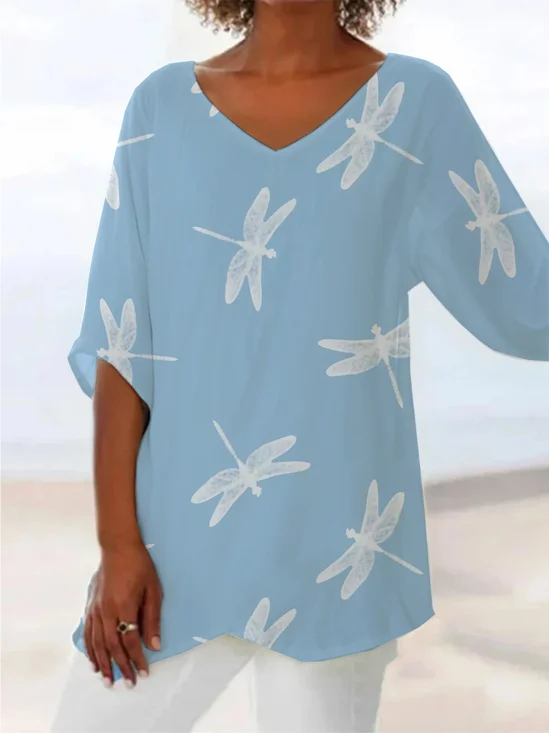 Women Dragonfly Short Sleeve Shirt Summer Printing V Neck Daily Casual Top