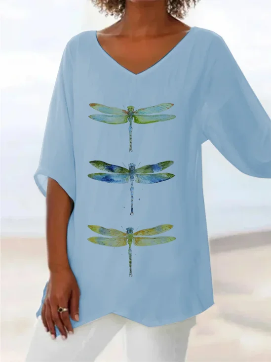 Women Dragonfly Short Sleeve Shirt Summer Printing V Neck Daily Casual Top