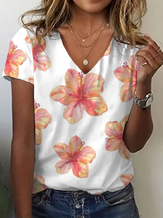 Women Floral Short Sleeve Tee T-shirt V Neck Printing Casual Summer Graphic Tee Top