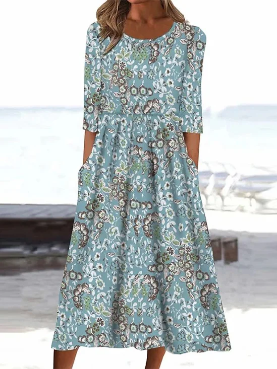 Women Floral Half Sleeve Summer Printing Dress Crew Neck Daily Casual Maxi A-Line Dress