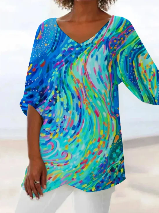 Women Abstract Short Sleeve Shirt Summer Printing V Neck Daily Casual Top