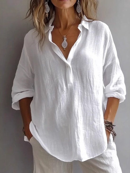 Women Plain Long Sleeve Shirt Spring/Fall Shirt Collar Daily Casual Top