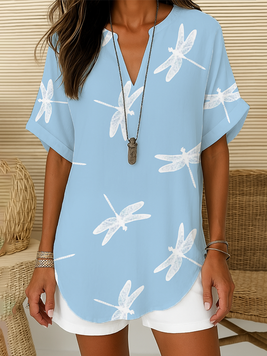 Women Dragonfly Short Sleeve Shirt Summer Printing V Neck Daily Casual Top