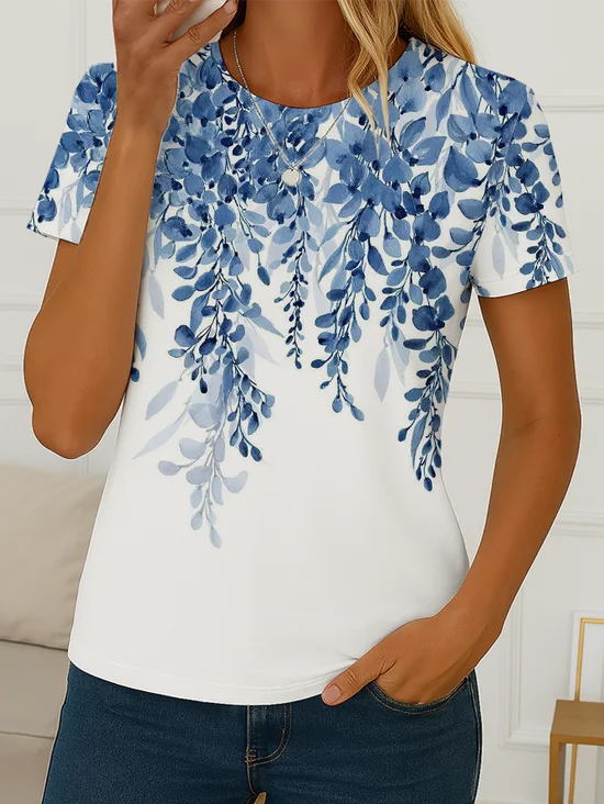 Women Floral Short Sleeve Tee T-shirt Crew Neck Printing Casual Summer Graphic Tee Top