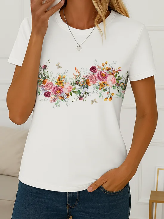 Women Floral Short Sleeve Tee T-shirt Crew Neck Printing Casual Summer Graphic Tee Top