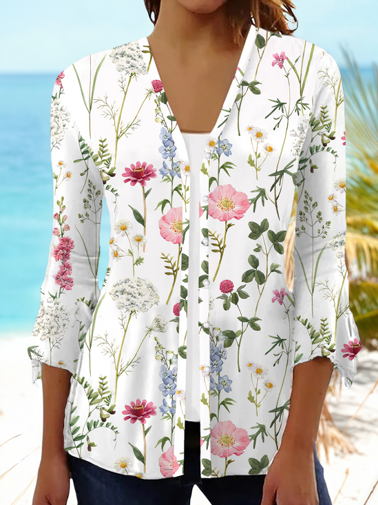 Women Floral Spring/Fall Cover-up Casual Printing Lightweight Cardigan