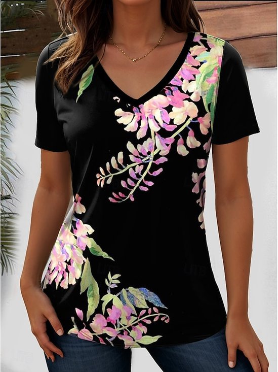 Women Floral Short Sleeve Tee T-shirt V Neck Casual Summer Top