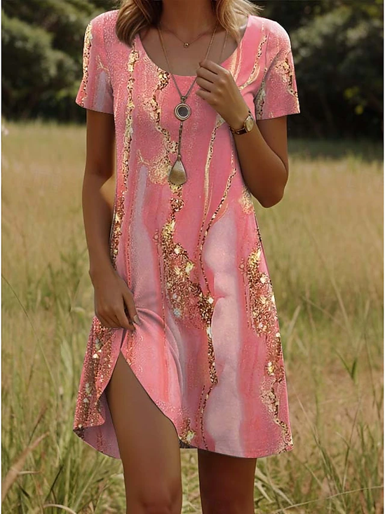 Women Abstract Short Sleeve Summer Printing Dress Crew Neck Daily Casual Mini Tunic H-Line Dress