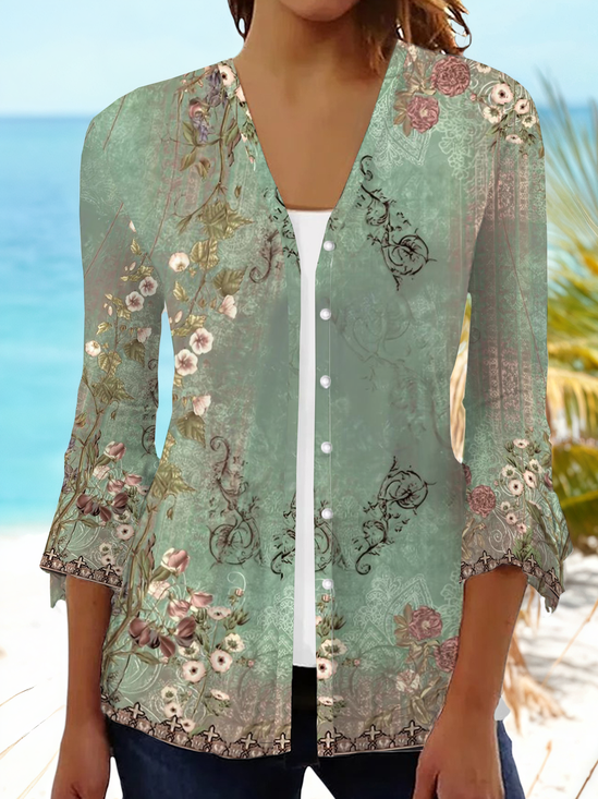 Women Floral Spring/Fall Cover-up Casual Printing Lightweight Cardigan