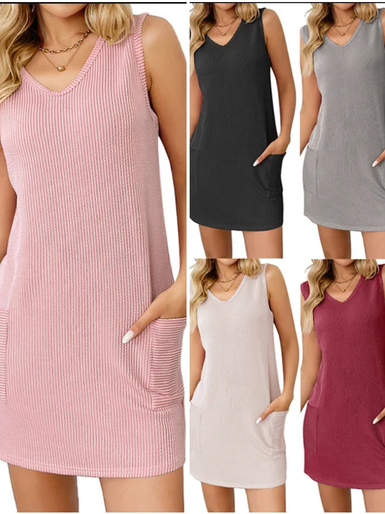 Women Plain Sleeveless Summer Dress V Neck Daily Casual Midi Tank H-Line Dress