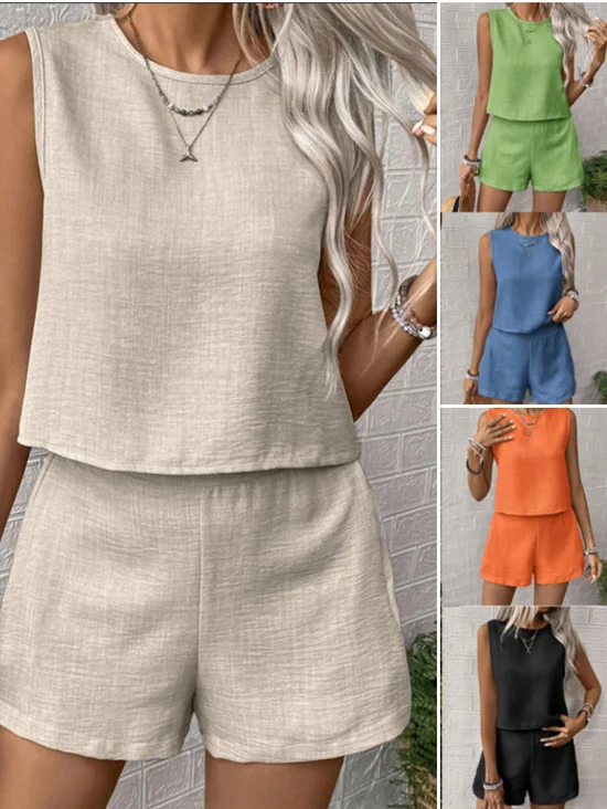 Women Plain Two-Piece Set Daily Sleeveless Casual Summer Top With Pants Matching Set