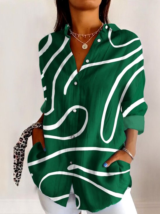 Women Geometric Long Sleeve Shirt Spring/Fall Shirt Collar Daily Casual Top