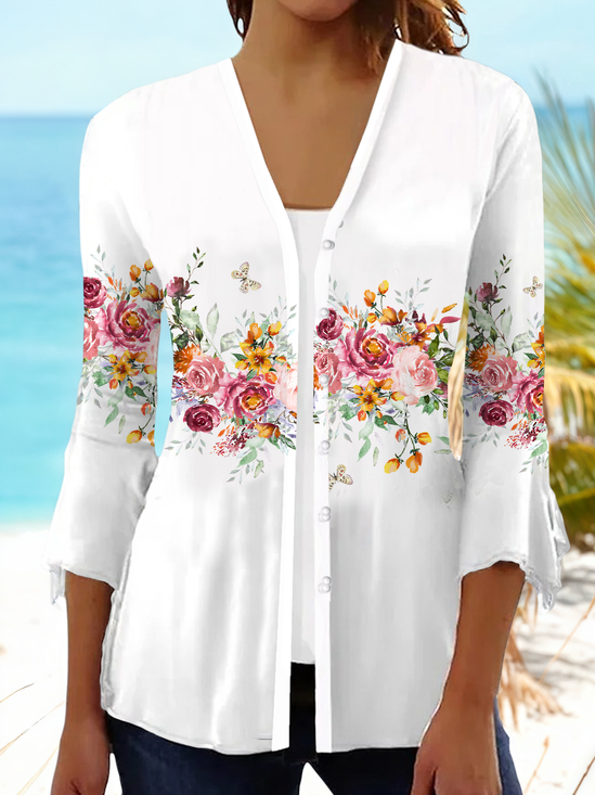 Women Floral Spring/Fall Cover-up Casual Printing Lightweight Cardigan