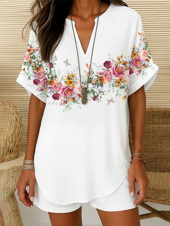 Women Floral Short Sleeve Shirt Summer Printing V Neck Daily Casual Top