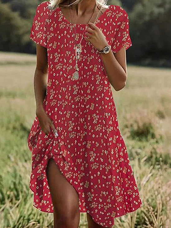 Women Floral Short Sleeve Summer Printing Dress Crew Neck Daily Casual Mini Tunic H-Line Dress