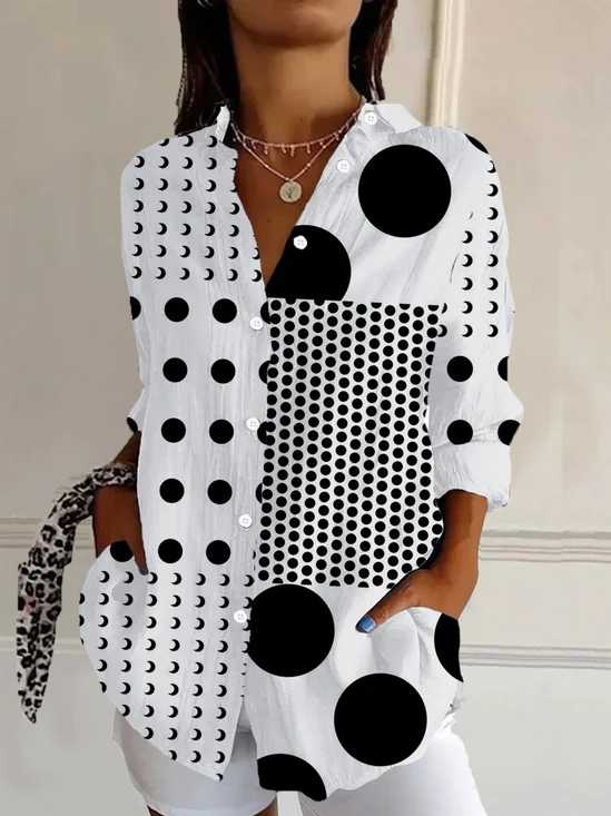 Women Polka Dots Long Sleeve Shirt Spring/Fall Buckle Shirt Collar Daily Casual Top