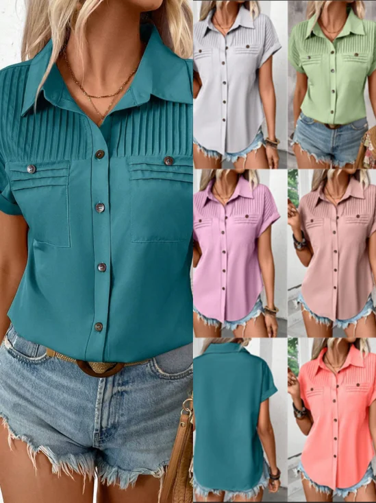 Women Plain Short Sleeve Tee T-shirt Shawl Collar Casual Summer Top