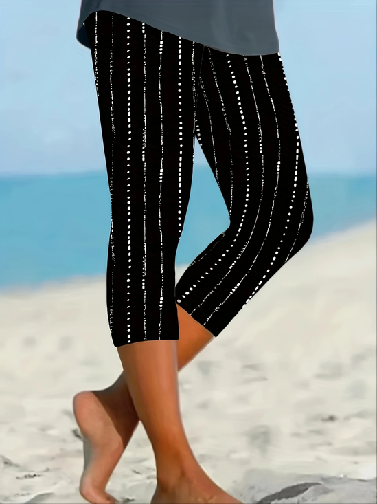 Women Striped Capris Elastic Waist Pant Casual Summer Trousers