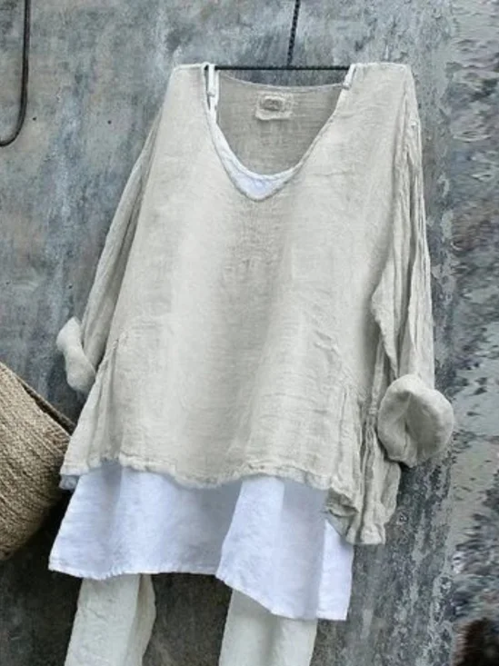 Women Plain Long Sleeve Tee T-shirt V Neck Vintage Spring/Fall Top