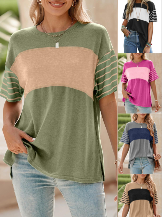 Women Striped Short Sleeve Tee T-shirt Crew Neck Casual Summer Top