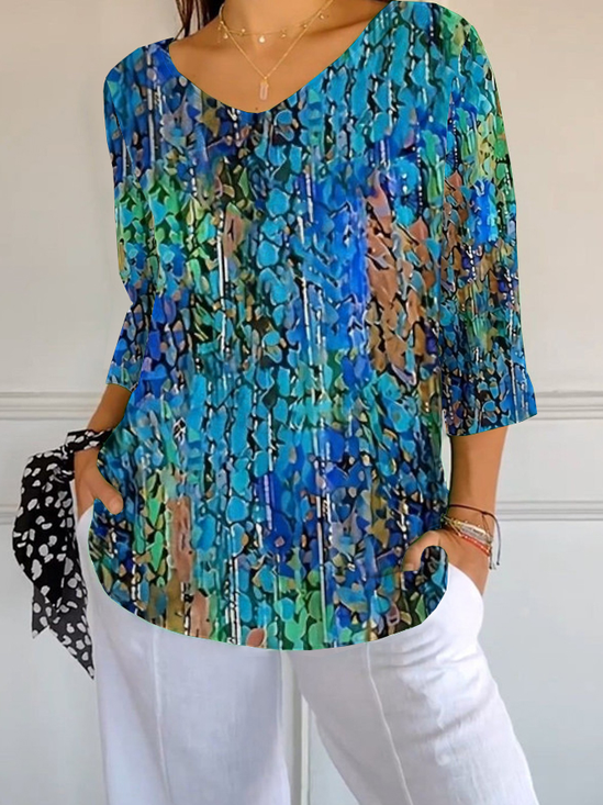 Women Abstract Three Quarter Sleeve Tee T-shirt V Neck Printing Casual Spring/Fall Graphic Tee Top