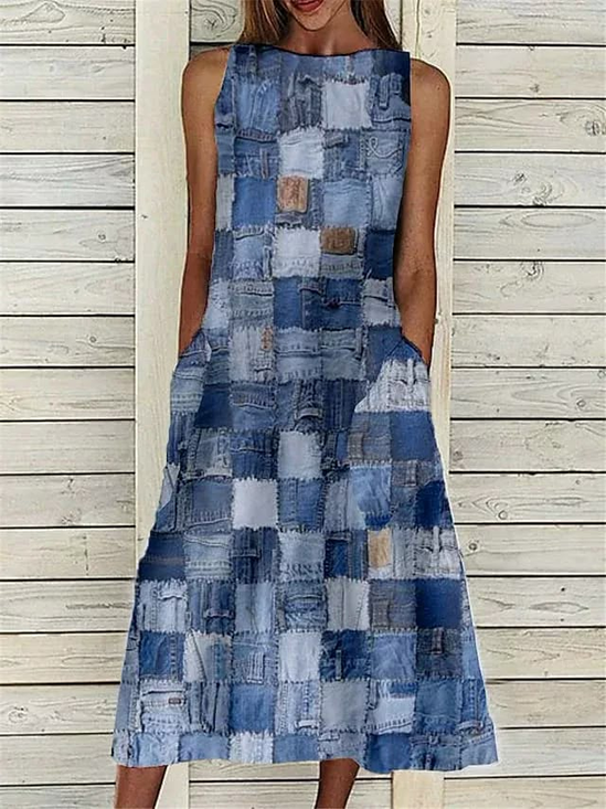 Women Plaid Sleeveless Summer Printing Dress Crew Neck Daily Casual Maxi Fit & Flare Dress H-Line Dress