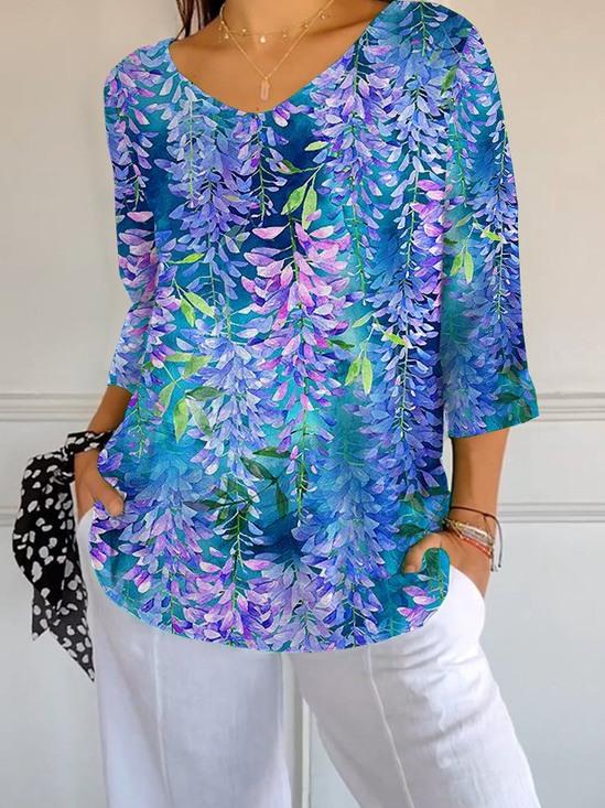 Women Floral Three Quarter Sleeve Tee T-shirt V Neck Printing Casual Spring/Fall Graphic Tee Top