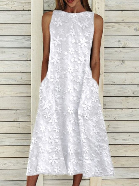 Women Floral Sleeveless Summer Printing Dress Crew Neck Daily Casual Maxi Fit & Flare Dress H-Line Dress