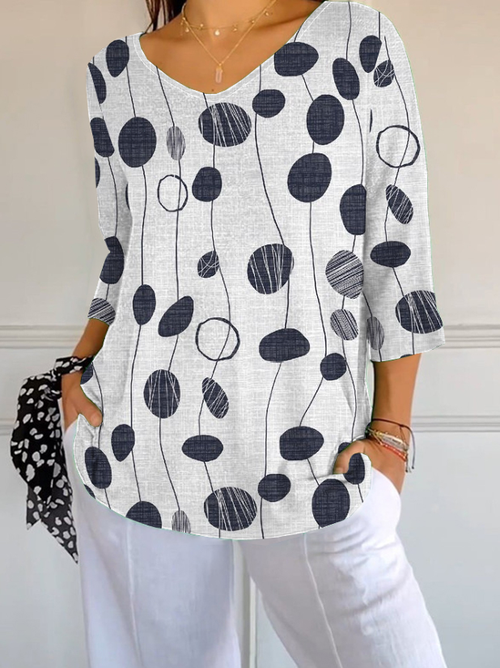 Women Abstract Polka Dots Three Quarter Sleeve Tee T-shirt V Neck Printing Casual Spring/Fall Graphic Tee Top