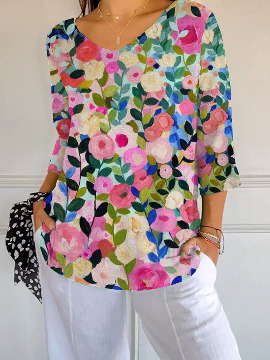 Women Floral Three Quarter Sleeve Tee T-shirt V Neck Printing Casual Spring/Fall Graphic Tee Top