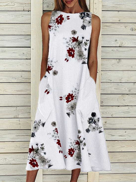 Women Floral Sleeveless Summer Printing Dress Crew Neck Daily Casual Maxi Fit & Flare Dress H-Line Dress