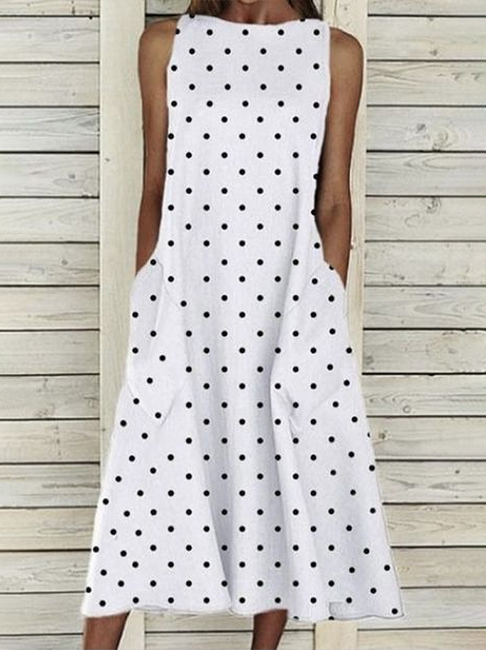 Women Polka Dots Sleeveless Summer Printing Dress Crew Neck Daily Casual Maxi Fit & Flare Dress H-Line Dress