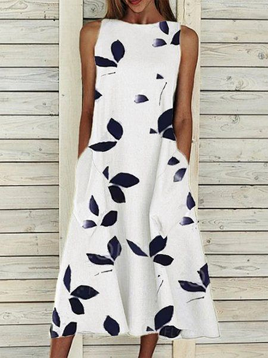 Women Floral Sleeveless Summer Printing Dress Crew Neck Daily Casual Maxi Fit & Flare Dress H-Line Dress