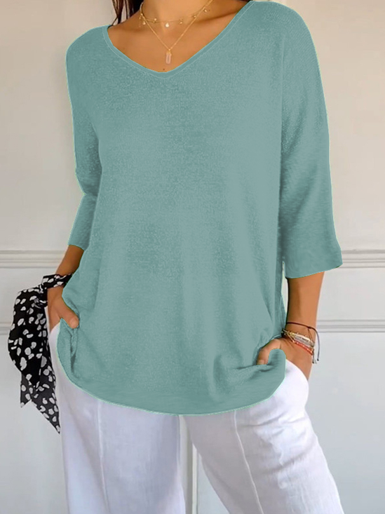 Women Plain Three Quarter Sleeve Tee T-shirt V Neck Printing Casual Spring/Fall Top