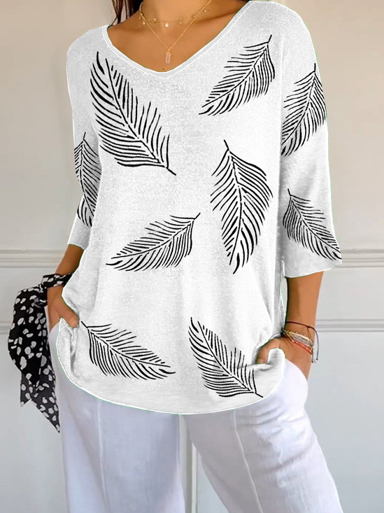 Women Feather Three Quarter Sleeve Tee T-shirt V Neck Printing Casual Spring/Fall Graphic Tee Top