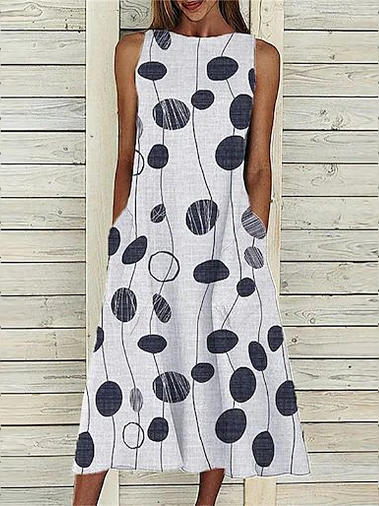 Women Abstract Polka Dots Sleeveless Summer Printing Dress Crew Neck Daily Casual Maxi Fit & Flare Dress H-Line Dress