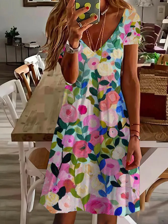 Women Floral Short Sleeve Summer Printing Dress V Neck Daily Casual Midi Fit & Flare Dress A-Line Dress