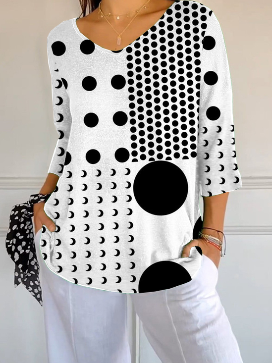 Women Polka Dots Three Quarter Sleeve Tee T-shirt V Neck Printing Casual Spring/Fall Graphic Tee Top