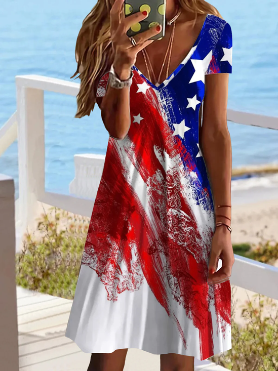 Women America Flag Short Sleeve Summer Printing Dress V Neck Daily Casual Midi Fit & Flare Dress A-Line Dress