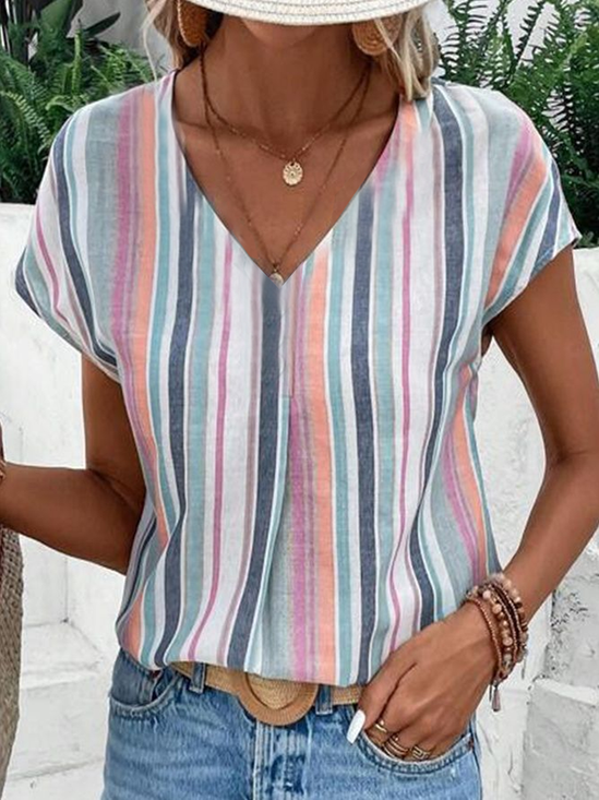 Women Striped Short Sleeve Tee T-shirt V Neck Printing Casual Summer Top