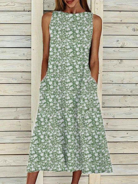 Women Floral Sleeveless Summer Printing Dress Crew Neck Daily Casual Maxi Fit & Flare Dress H-Line Dress