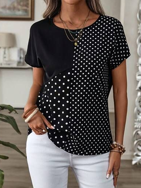 Women Polka Dots Short Sleeve Tee T-shirt Crew Neck Printing Casual Summer Graphic Tee Top