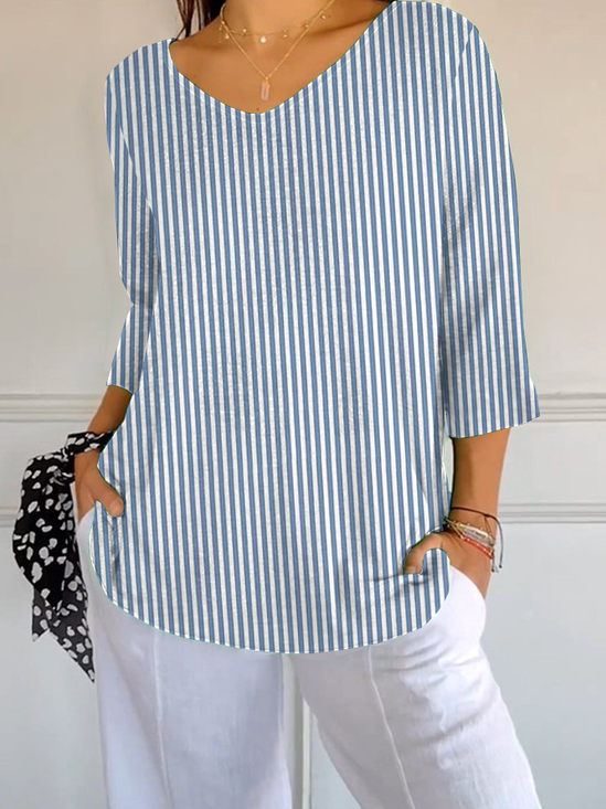 Women Striped Three Quarter Sleeve Tee T-shirt V Neck Printing Casual Spring/Fall Graphic Tee Top