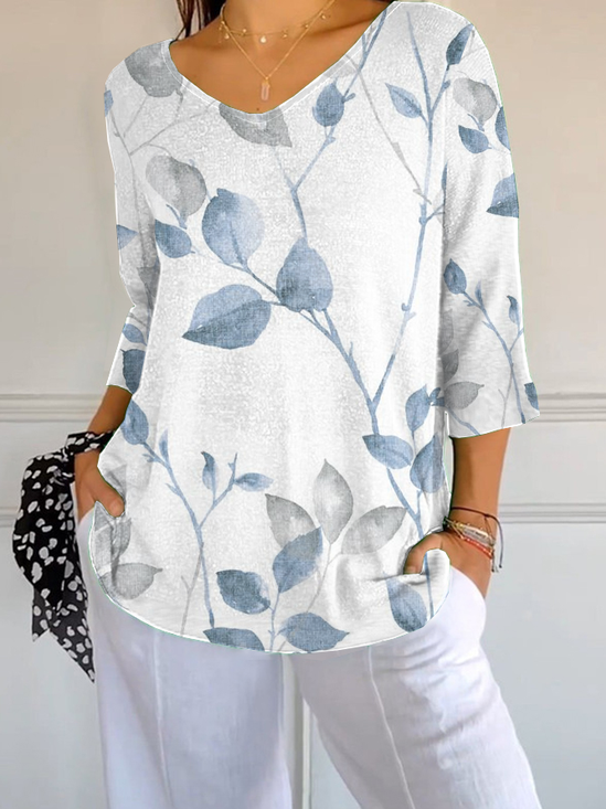Women Floral Three Quarter Sleeve Tee T-shirt V Neck Printing Casual Spring/Fall Graphic Tee Top