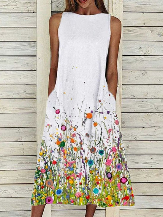 Women Floral Sleeveless Summer Printing Dress Crew Neck Daily Casual Maxi Fit & Flare Dress H-Line Dress