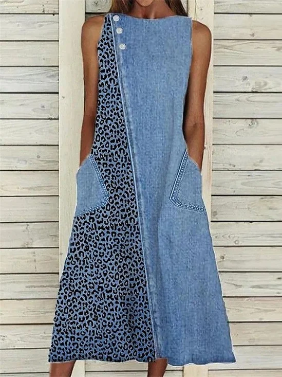 Women Leopard Sleeveless Summer Printing Dress Crew Neck Daily Casual Maxi Fit & Flare Dress H-Line Dress