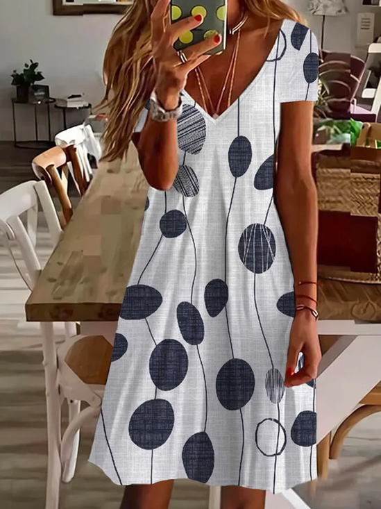 Women Floral Short Sleeve Summer Printing Dress V Neck Daily Casual Midi Fit & Flare Dress A-Line Dress