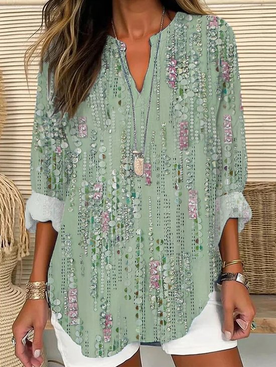 Women Striped Long Sleeve Blouse Spring/Fall Printing V Neck Daily Casual Top