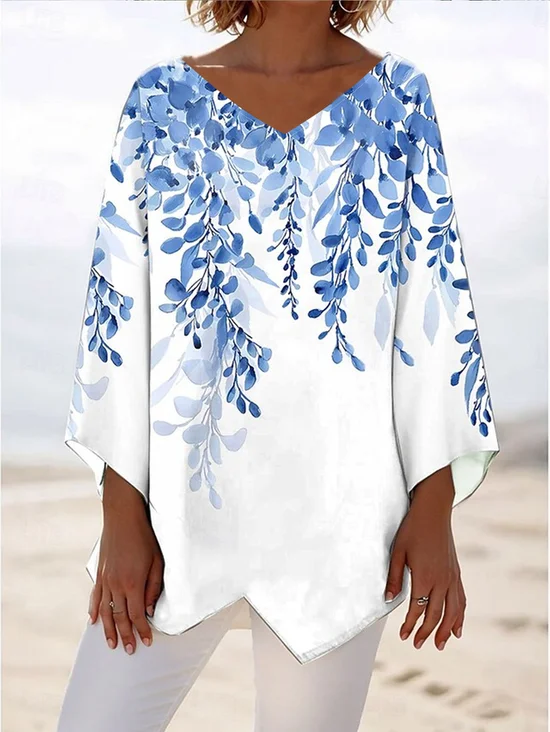 Women Plants Long Sleeve Blouse Spring/Fall V Neck Daily Casual Top