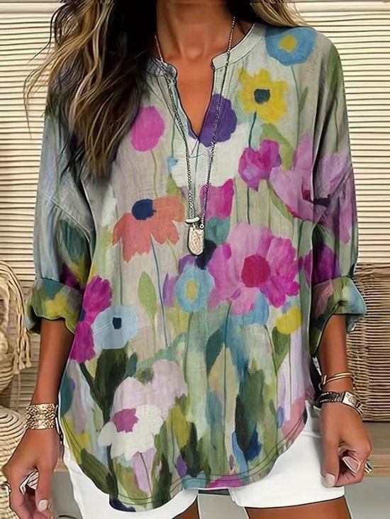Women Floral Long Sleeve Blouse Spring/Fall Printing V Neck Daily Casual Top